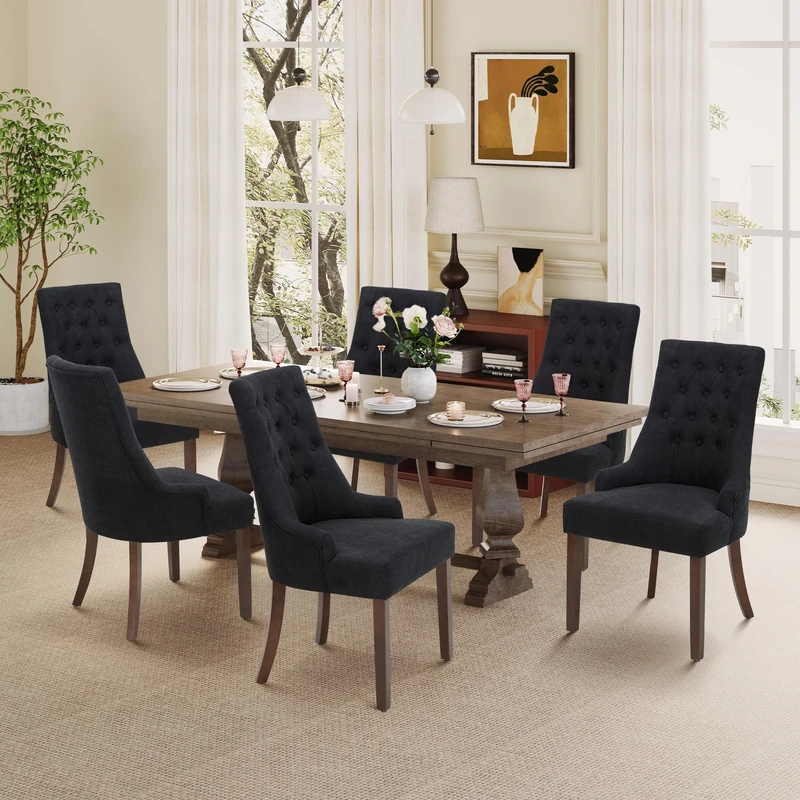 MALOL Upholstered Dining Chairs Set of 6, Wingback Dining Room Chairs with Tufted Button, High Back Kitchen Chairs with Solid Wood Legs, Thick Seat Cushion, Anti-Slip Pads, Black