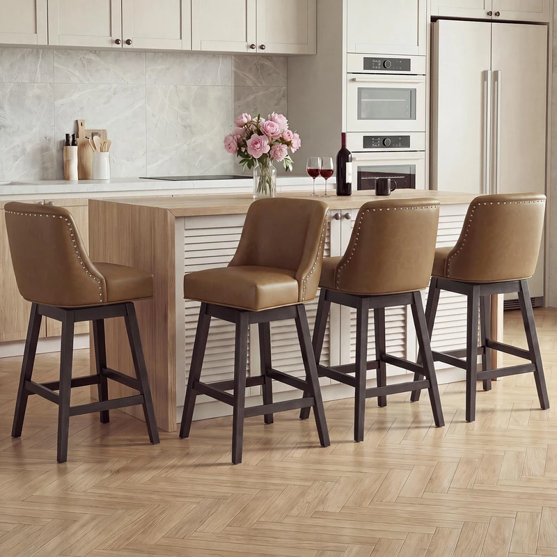Bar Stools Set of 4, 360° Swivel Upholstered Counter Stools with Back, Wooden Frame Kitchen Bar Chairs with Nailhead Trim, Counter Height for Kitchen Island, Breakfast Bar, Dining Room,Brown