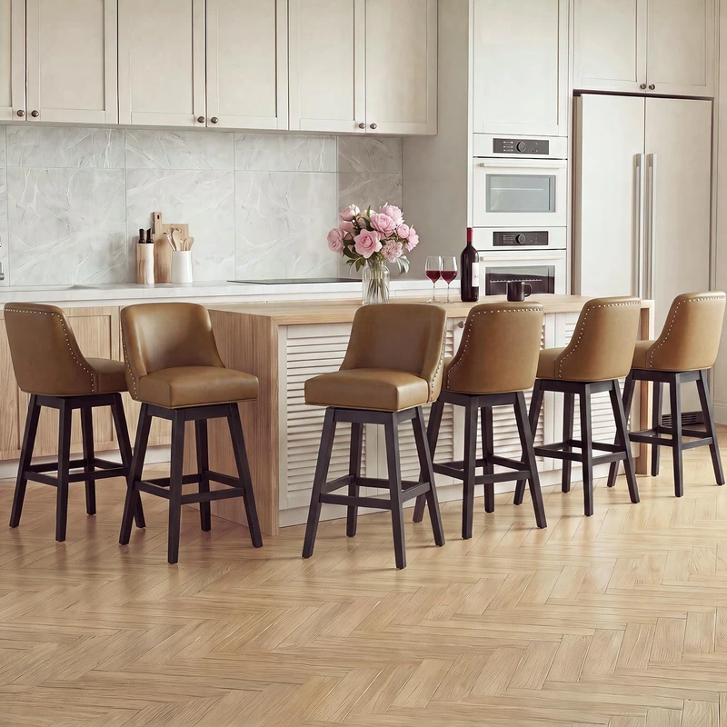 Bar Stools Set of 6, 360° Swivel Upholstered Counter Stools with Back, Wooden Frame Kitchen Bar Chairs with Nailhead Trim, Counter Height for Kitchen Island, Breakfast Bar, Dining Room,Brown