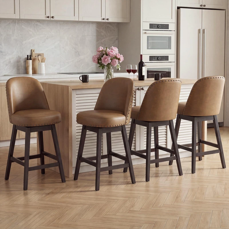 Bar Stools Set of 4, 360° Swivel Counter Stools with Upholstered Seat, Wooden Frame & Nailhead Trim, Kitchen Breakfast Bar Chairs with Backrest for Kitchen Island, Dining Room, Home Bar,Brown