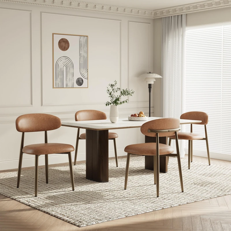MALOL Dining Chairs Set of 4, Upholstered Dining Room Chairs with Ergonomic Curved Backrest, Metal Frame Kitchen Chairs, Leather Accent Chairs for Dining Room, Kitchen, Living Room, Bedroom,Brown