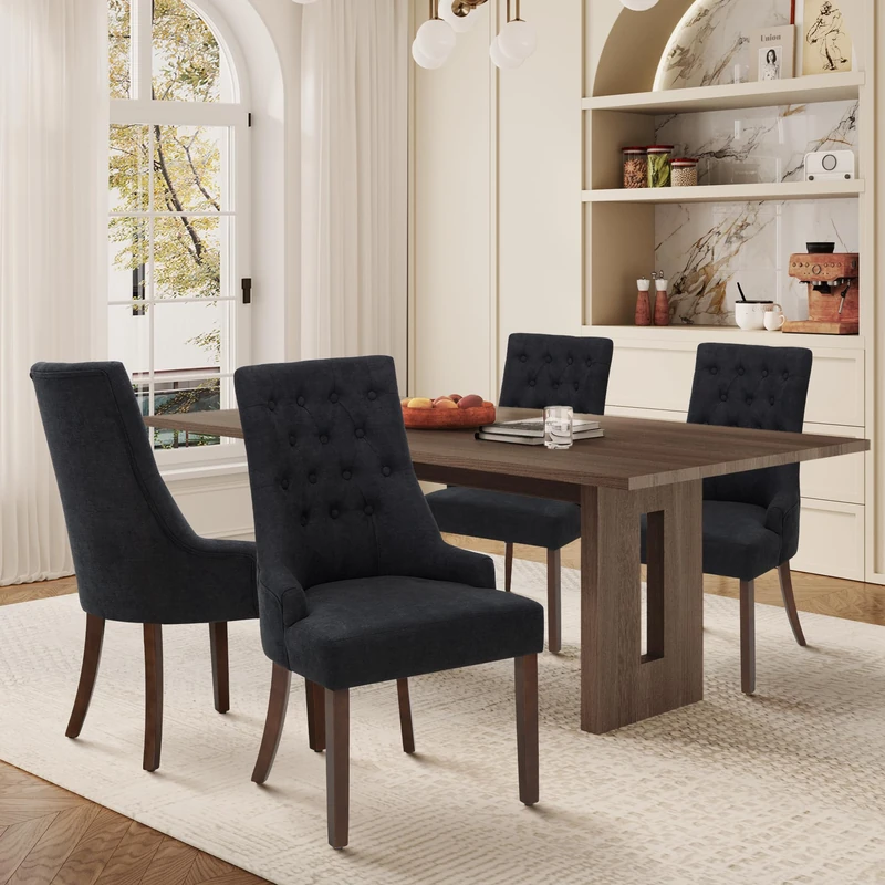 MALOL Upholstered Dining Chairs Set of 4, Wingback Dining Room Chairs with Tufted Button, High Back Kitchen Chairs with Solid Wood Legs, Thick Seat Cushion, Anti-Slip Pads, Black