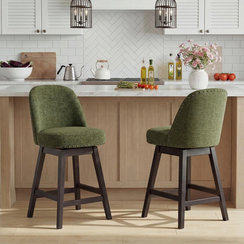 Bar Stools Set of 2, 360° Swivel Counter Stools with Upholstered Seat, Wooden Frame & Nailhead Trim, Kitchen Breakfast Bar Chairs with Backrest for Kitchen Island, Dining Room, Home Bar,Green - Image 1