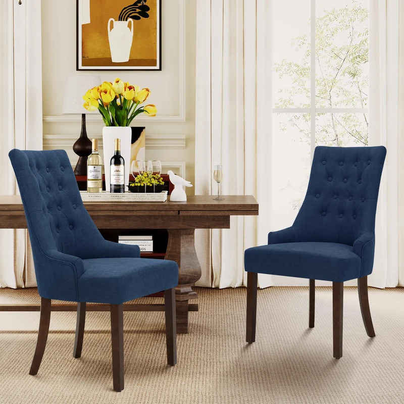 MALOL Upholstered Dining Chairs Set of 2, Wingback Dining Room Chairs with Tufted Button, High Back Kitchen Chairs with Solid Wood Legs, Thick Seat Cushion, Anti-Slip Pads, Blue
