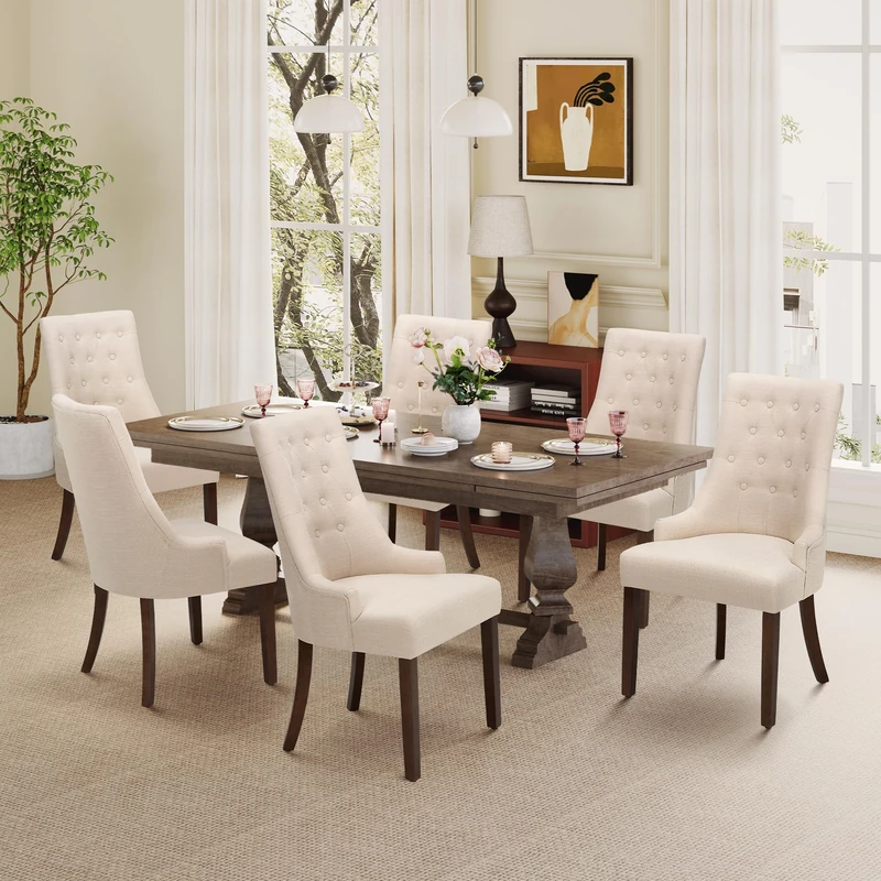 MALOL Upholstered Dining Chairs Set of 6, Wingback Dining Room Chairs with Tufted Button, High Back Kitchen Chairs with Solid Wood Legs, Thick Seat Cushion, Anti-Slip Pads, Beige