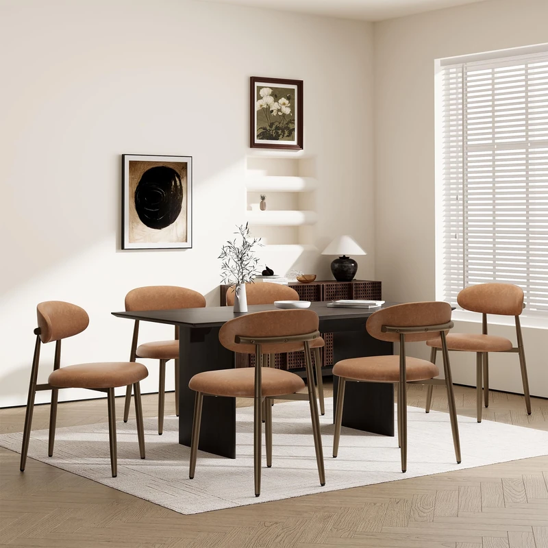 MALOL Dining Chairs Set of 6, Upholstered Dining Room Chairs with Ergonomic Curved Backrest, Metal Frame Kitchen Chairs, Leather Accent Chairs for Dining Room, Kitchen, Living Room, Bedroom,Brown