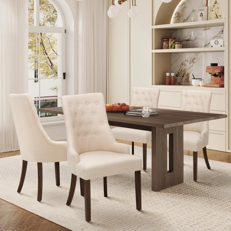 MALOL Upholstered Dining Chairs Set of 4, Wingback Dining Room Chairs with Tufted Button, High Back Kitchen Chairs with Solid Wood Legs, Thick Seat Cushion, Anti-Slip Pads, Beige