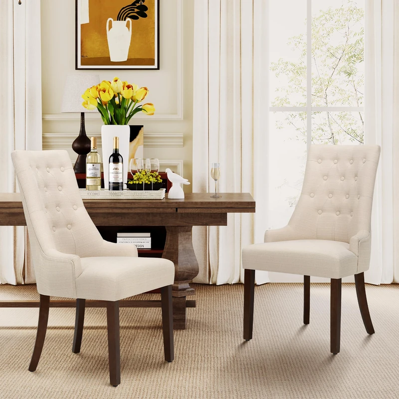 MALOL Upholstered Dining Chairs Set of 2, Wingback Dining Room Chairs with Tufted Button, High Back Kitchen Chairs with Solid Wood Legs, Thick Seat Cushion, Anti-Slip Pads, Beige - Image 1