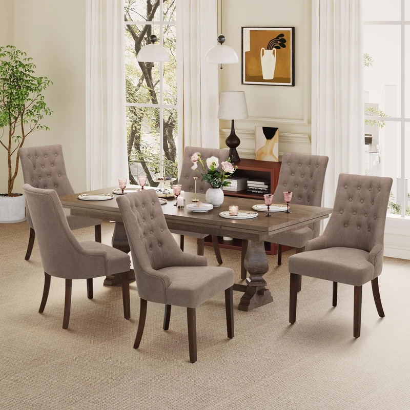 MALOL Upholstered Dining Chairs Set of 6, Wingback Dining Room Chairs with Tufted Button, High Back Kitchen Chairs with Solid Wood Legs, Thick Seat Cushion, Anti-Slip Pads, Brown