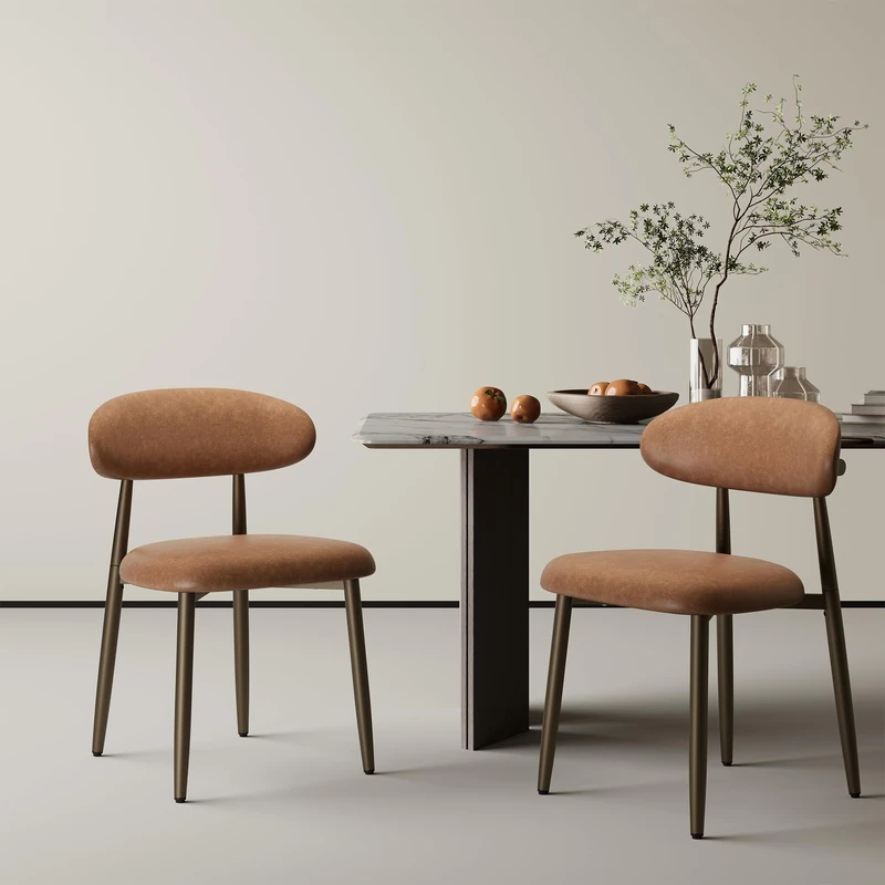 MALOL Dining Chairs Set of 2, Upholstered Dining Room Chairs with Ergonomic Curved Backrest, Metal Frame Kitchen Chairs, Leather Accent Chairs for Dining Room, Kitchen, Living Room, Bedroom,Brown