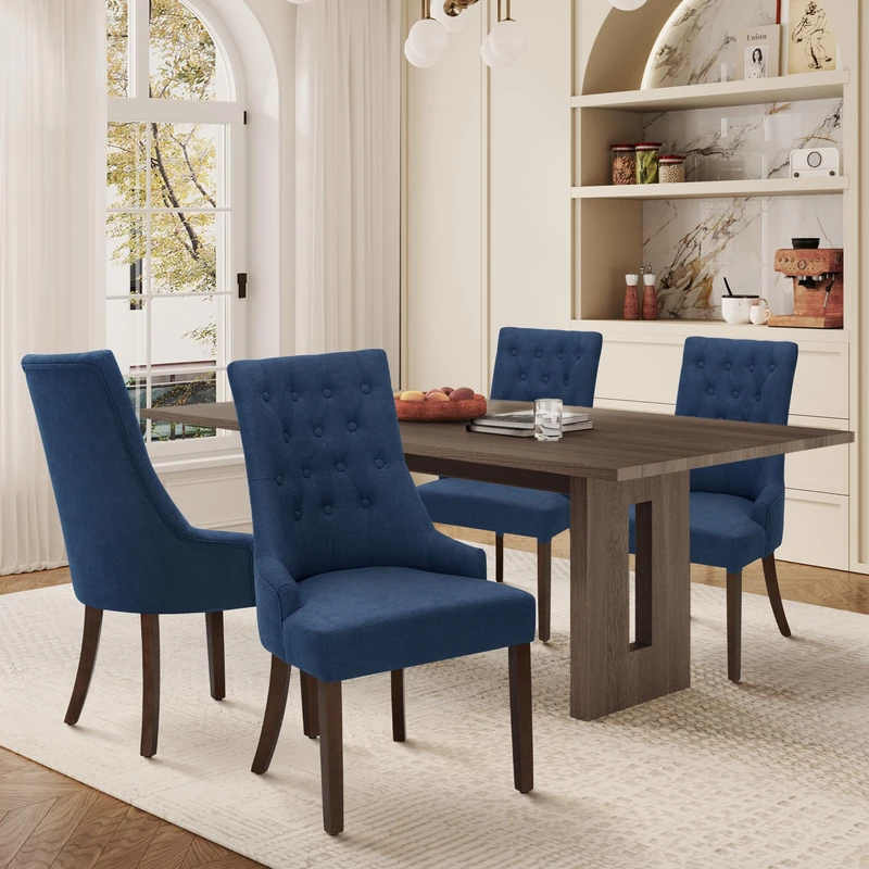 MALOL Upholstered Dining Chairs Set of 4, Wingback Dining Room Chairs with Tufted Button, High Back Kitchen Chairs with Solid Wood Legs, Thick Seat Cushion, Anti-Slip Pads, Blue
