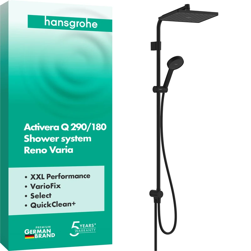 hansgrohe Activera Q - Water-Saving Shower System (EcoSmart) with Diverter, Hand Shower (2 Sprays), Hose 1.60m and Overhead Rainfall (290 x 180 mm), matt Black, 28757670