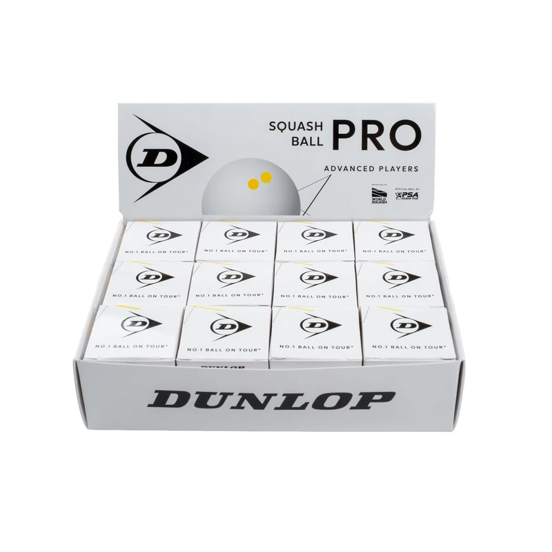 Dunlop Squash Balls Pro White, Double Yellow Dot, 12 Balls
