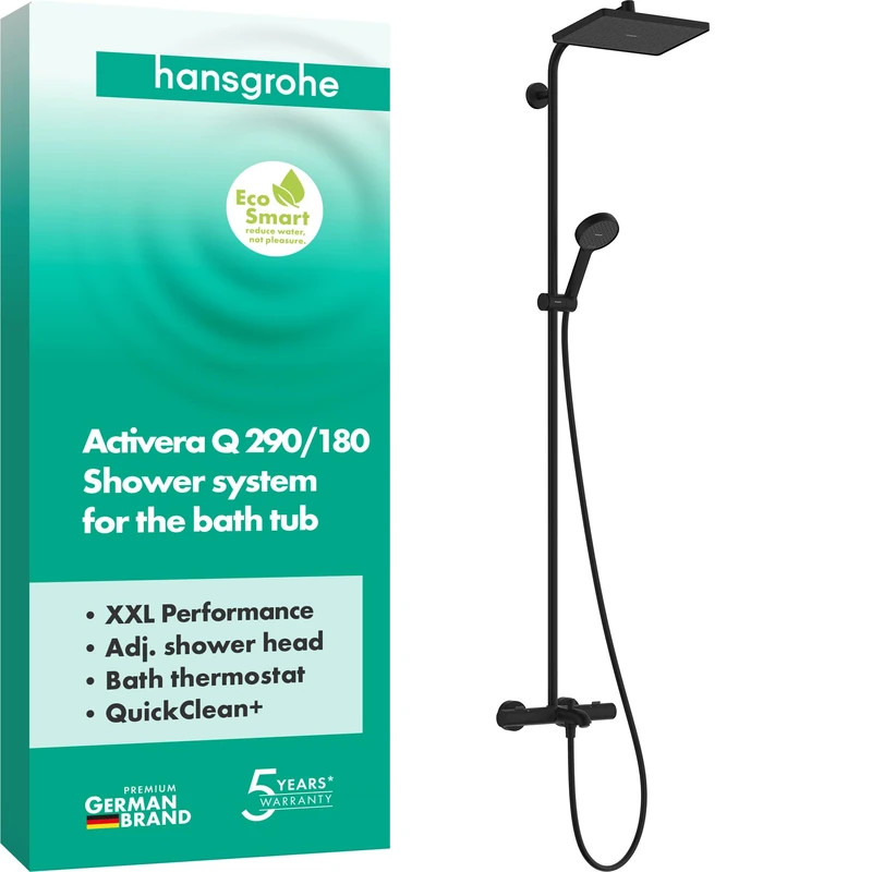 hansgrohe Activera Q - Water-Saving Shower System (EcoSmart) with Bath Thermostat, Hand Shower (2 Sprays), Hose 1.60m and Overhead Rainfall (290 x 180 mm), matt Black, 28753670