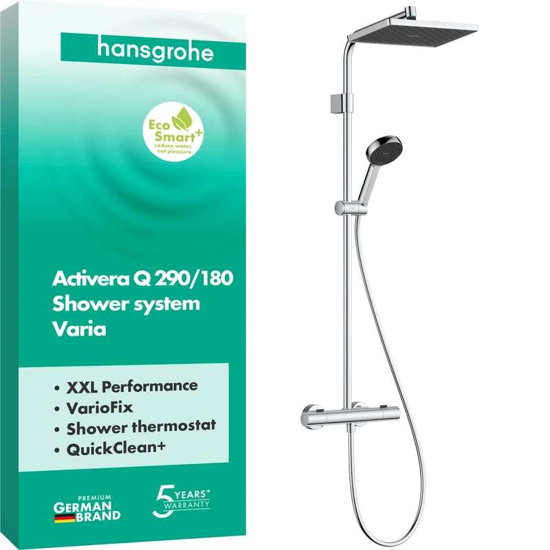 hansgrohe Activera Q - Water-Saving Shower System (EcoSmart+) with Thermostat, Hand Shower (2 Sprays), Hose 1.60m and Overhead Rainfall (290 x 180 mm), Chrome, 28749000