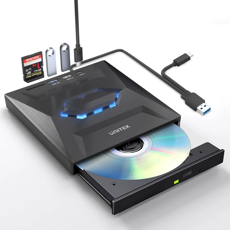 UNITEK External CD DVD Drive, USB 3.0 Type-C Portable CD/DVD +/-RW Drive/DVD Player with SD Card Reader USB 3.0 USB C Hub CD ROM Burner Compatible for Laptop Desktop PC Mac Windows 11/10/8/7 Linux