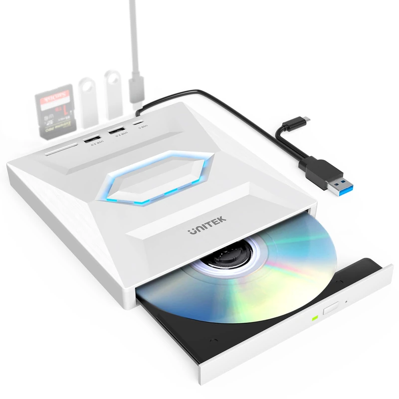 UNITEK External CD/DVD Drive USB C Portable DVD Player with SD Card Slots 3 USB Ports CD ROM Burner External Disk Drive Optical Compatible with Laptop Desktop Mac Windows 11/10/8/7 Linux