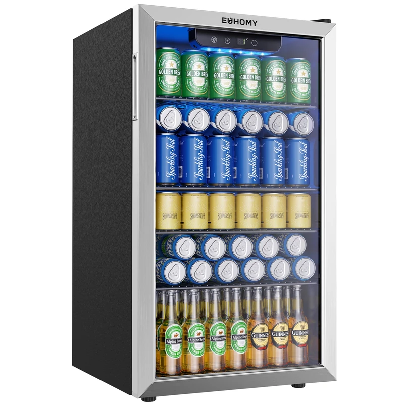EUHOMY 93L Drinks Fridge, 126 Can Beer Fridge with Glass Door, Wine fridge with Adjustable Shelves for Soda Beer or Wine