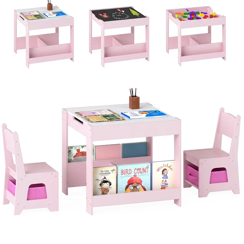 GYMAX Kids Table and Chairs Set, 4 in 1 Children Activity Desk