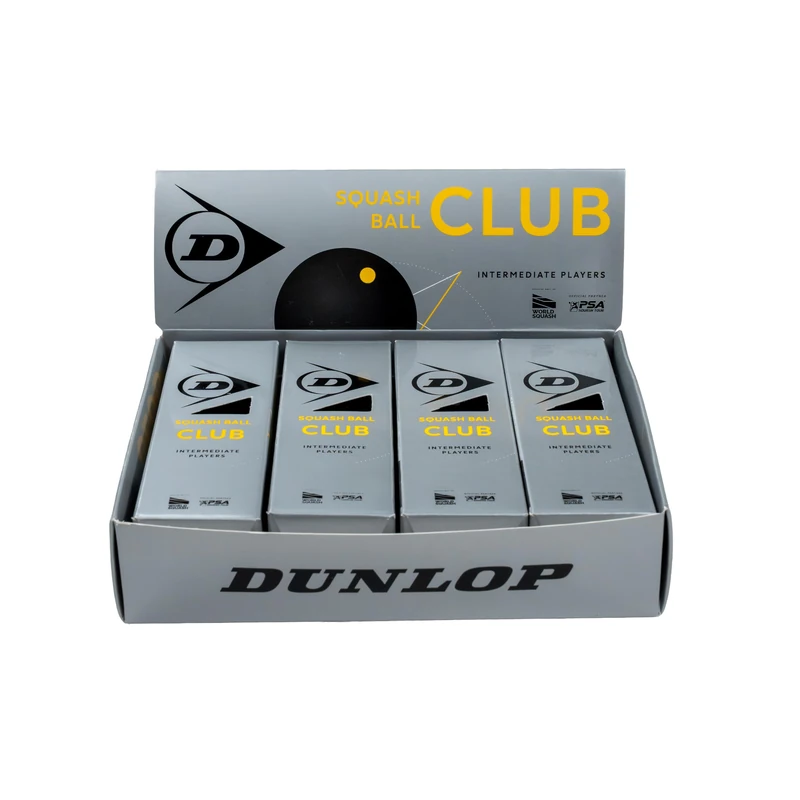 Dunlop Club Squash Balls, Single Yellow Dot, League Ball, 12 Balls (4 x 3) - Image 1