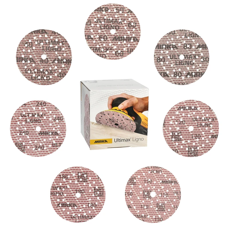 Mirka Ultimax Ligno Sanding Discs Ø 125 mm Hook & Loop/Mixed Pack with 10 Discs Each of Grit P40, P60, P80, P120, P150, P180, P240 / 70 pcs/For All 125 mm Random Orbital Sanders