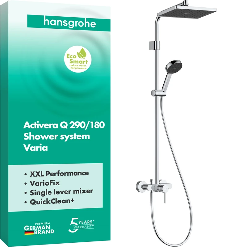 hansgrohe Activera Q - Water-Saving Shower System (EcoSmart) with Single Lever tap, Hand Shower (2 Sprays), Hose 1.60m and Overhead Rainfall (290 x 180 mm), Chrome, 28747000
