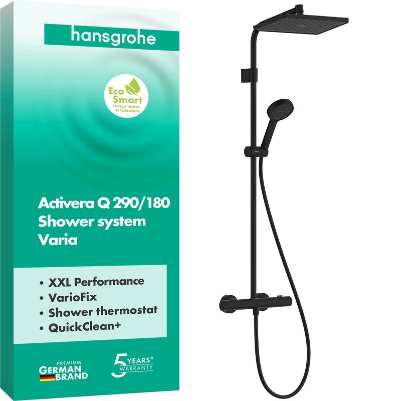 hansgrohe Activera Q - Water-Saving Shower System (EcoSmart) with Thermostat, Hand Shower (2 Sprays), Hose 1.60m and Overhead Rainfall (290 x 180 mm), matt Black, 28748670
