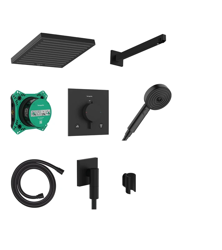 hansgrohe Pulsify E - Shower System Recessed, Complete Set (8 in 1) with Thermostat Built-in, Base Body iBox Universal 2, Overhead Shower, Hand Shower and Shower Hose 63 in, Matt Black, 24625670