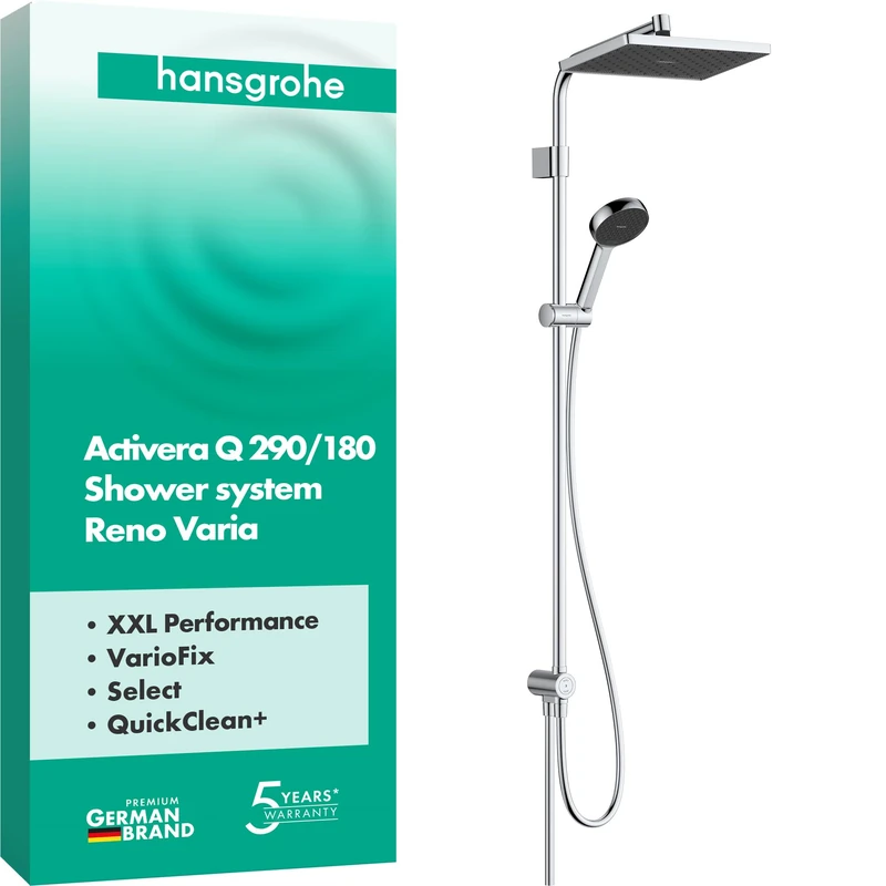 hansgrohe Activera Q - Water-Saving Shower System (EcoSmart) with Diverter, Hand Shower (2 Sprays), Hose 1.60m and Overhead Rainfall (290 x 180 mm), Chrome, 28757000