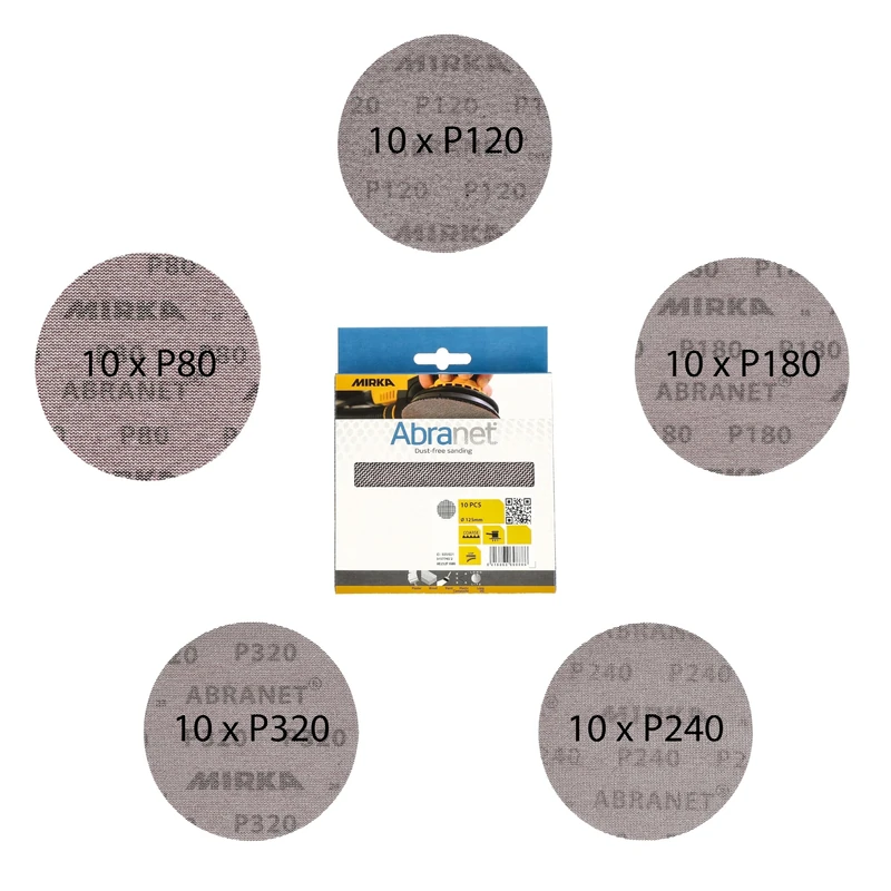 Mirka Abranet Mesh Sanding Discs Ø 125 mm Hook & Loop/Mixed Pack with 10 Discs Each of Grit P80, P120, P180, P240, P320 / 50 pcs/For All 125 mm Random Orbital Sanders