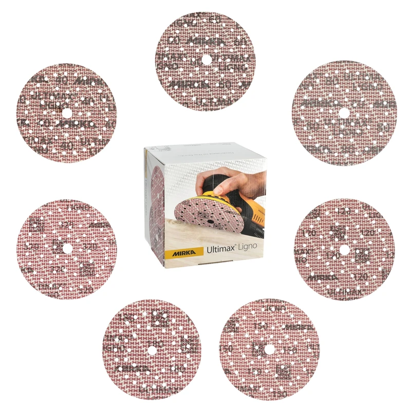 Mirka Ultimax Ligno Sanding Discs Ø 150 mm Hook & Loop/Mixed Pack with 10 Discs Each of Grit P40, P60, P80, P120, P150, P180, P320 / 70 pcs/For All 150 mm Random Orbital Sanders