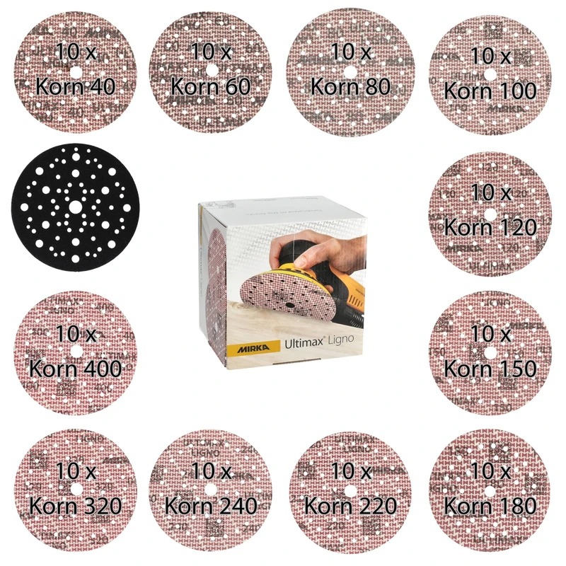 Mirka Ultimax Ligno Sanding Discs Ø 150 mm Hook & Loop / 10 Discs Each of Grit P40, P60, P80, P120, P150, P180, P240, P320, P400 / Includes Pad Saver / 91 pcs/For All 150 mm Random Orbital Sanders