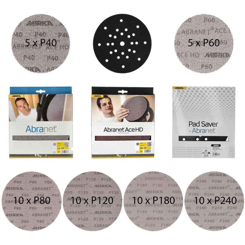 Mirka Abranet 225 mm Mix Pack 51-Pcs Grit 40–180 incl. Pad Saver