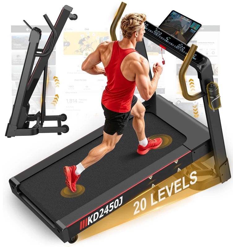 Treadmills for Home Foldable, Folding Treadmill Running Machine for Heavy People 150KG or More, 7HP, 20 Auto Incline, 18km/h, 180KG limited, 3 APP, LED, Bluetooth, Silent Walking Pad for Office Gym