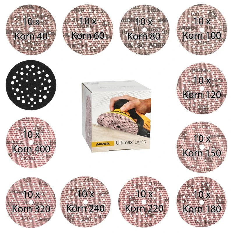 Mirka Ultimax Ligno Sanding Discs Ø 125 mm Hook & Loop / 10 Discs Each of Grit P40, P60, P80, P120, P150, P180, P240, P320, P400 / Includes Pad Saver / 91 pcs/For All 125 mm Random Orbital Sanders