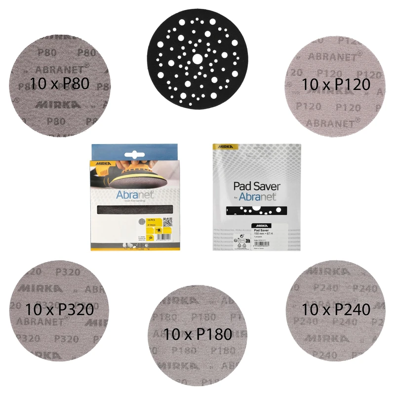 Mirka Abranet Mesh Sanding Discs Ø 150 mm Hook & Loop/Mixed Pack with 10 Discs Each of Grit P80, P120, P180, P240, P320 / Includes Pad Saver / 51 pcs/For All 150 mm Random Orbital Sanders