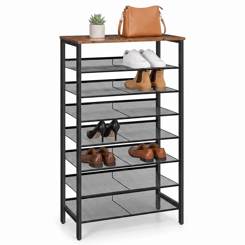 Relaxdays Industrial Shoe Rack, 8 tiers, black/brown