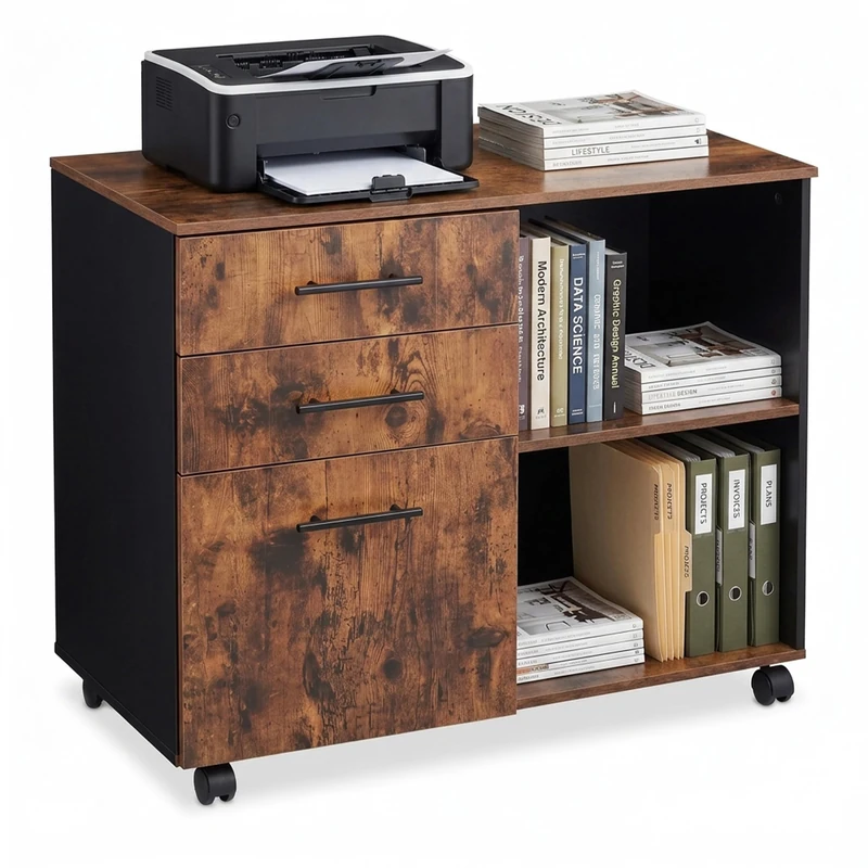 Relaxdays rolling cabinet, 3 drawers, 2 compartments, office cabinet, brown
