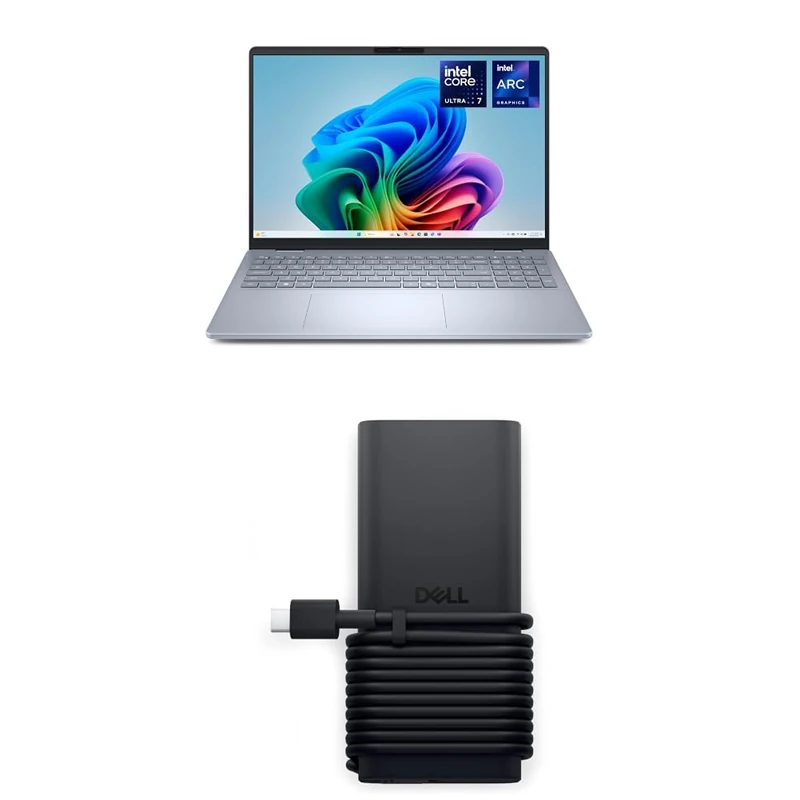 Dell 16 Plus DB16250 Laptop Copilot+ PC, 16'' 2.5K Display, Intel Core Ultra 7 256V, Intel Arc, 16GB RAM, 512GB SSD, W11H, UK QWERTY Backlit Keyboard, Ice Blue, 65W USB-C AC Adapter with Power Cord