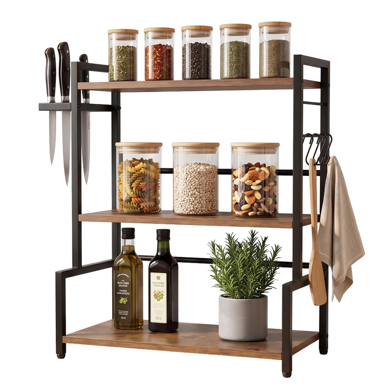 Relaxdays Kitchen Shelf for Worktop, HxWxD: 51 x 43 x 20 cm, brown/black