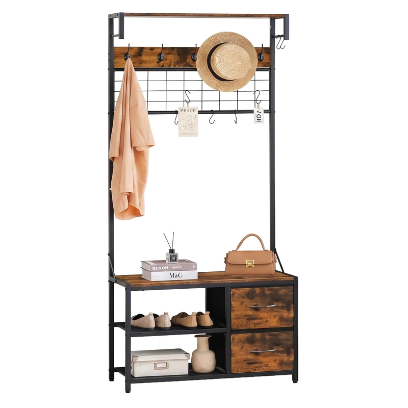 Relaxdays coat rack with bench, shoe rack & 2 drawers, brown