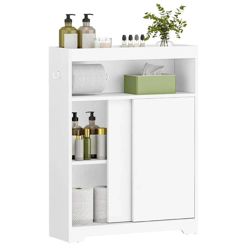 Relaxdays Niche Cupboard, 4 compartments, toilet roll holder, hooks, white