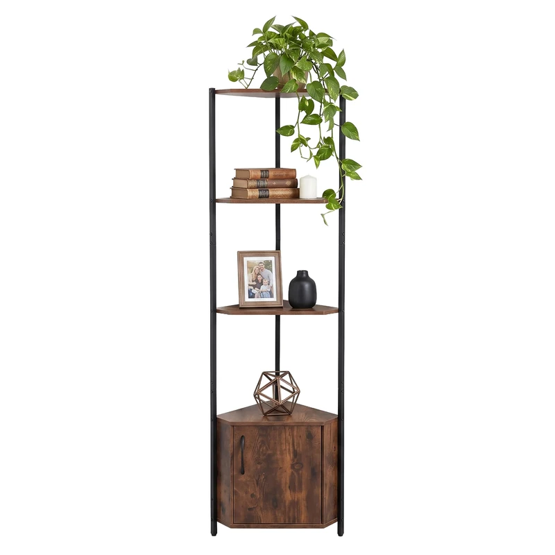 Relaxdays Corner Shelf, 5 shelves & cabinet, brown/black