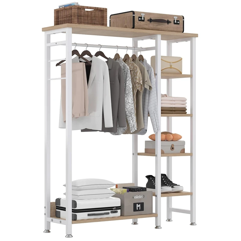 VECELO Free-Standing Garment Rack, Heavy Duty Coat Clothes Rail Rack with 5-Tier Storage Shelves and Hanging Rod for Bedroom Living Room Hallway Entryway, Easy Assembly, White Oak