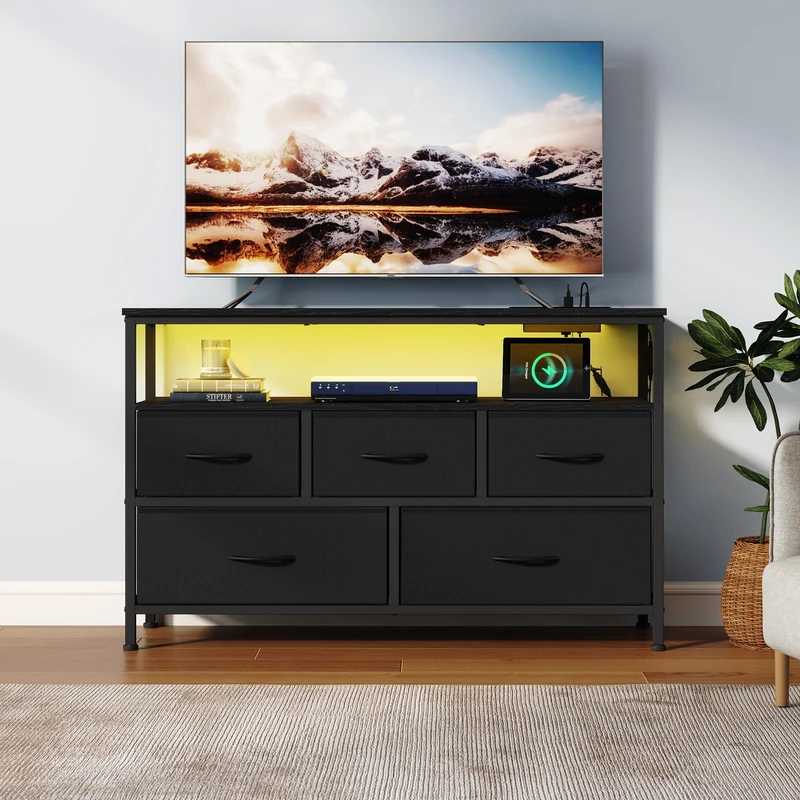 SONGMICS Chest of Drawers with LED Lights and Charging Station, Fabric Storage Cabinet, 5 Drawers, Open Shelf, 98.7 x 30 x 68.1 cm, Ink Black, Bedroom Furniture, BELLAH Collection LGS723BH03