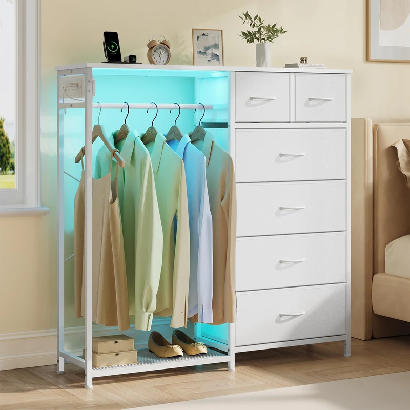 SONGMICS Chest of Drawers, 6 Fabric Drawers, Steel, Particleboard, MDF, Paper, Non-Woven Fabric, Open Wardrobe with LED and Charging Station, for Bedroom, 102.7 x 35 x 117.6 cm, Cloud White LGS523W103