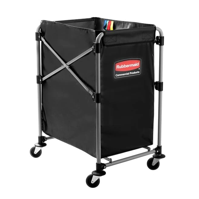 Rubbermaid Commercial Products X-Cart Folding Trolley Frame & Vinyl Bag Bundle | Mobile Foldable Laundry Trolley for Linen & Waste Collection | 150 l, Gray Frame & Black Bag