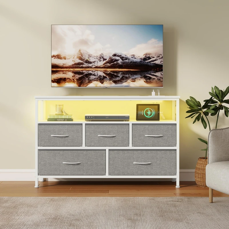 SONGMICS Chest of Drawers with LED Lights and Charging Station, Fabric Storage Cabinet, 7 Drawers, Open Shelf, 113.8 x 30 x 68.1 cm, Ink Black, Bedroom Furniture, Bellah Collection LGS733BH03