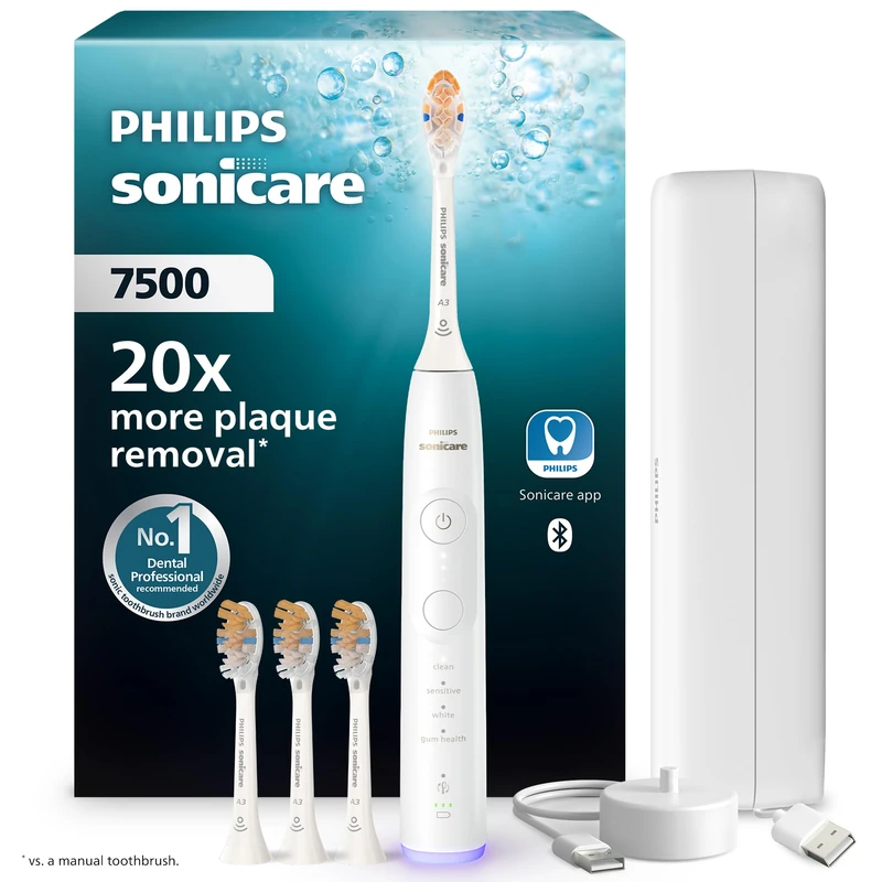 Philips Sonicare 7500 Series Sonic Electric Toothbrush − Next-Generation Sonicare Technology, Pressure Sensor, 12 Brushing Settings, SmarTimer, 21-Day Runtime, Charging Travel Case, White