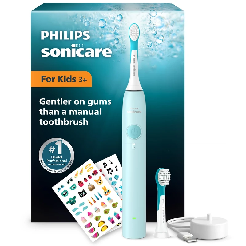 Philips Sonicare for Kids Electric Toothbrush − Sonic Toothbrush for Children 3+, 2 Gentle Modes, 2-Minute Sound Timer, 2 Mini Brush Heads, Teal, Model HX6500/23
